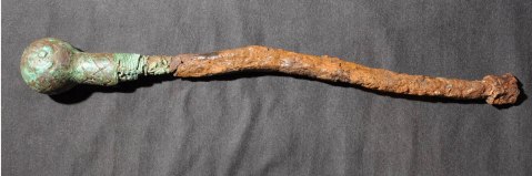 Lo scettro trovato nella Tomba 3: un bastone di legno di corniolo con pomo sferico di bronzo decorato con animali fantastici, contenuto in una scatola di legno di faggio.