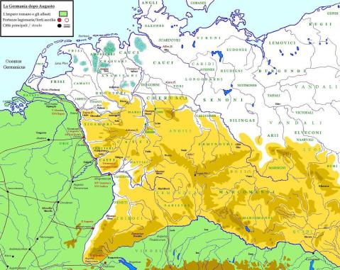 La cartina dei territori occupati dalle tribù germaniche, tra cui gli Usipeti, nel I sec. a.C.