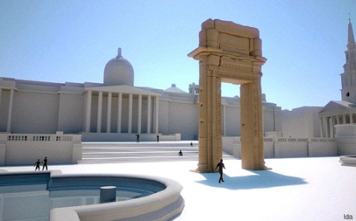 Il rendering dell'arco del tempio di Bel di Palmira ricostruito in Trafalgar Square a Londra