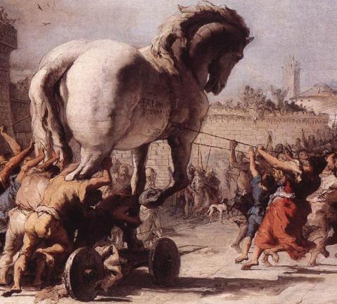 "La passeggiata del cavallo i Troia" affrescata da Giandomenico Tiepolo nella seconda metà del XVIII secolo nella villa di famigli a Zianigo nella terraferma veneziana